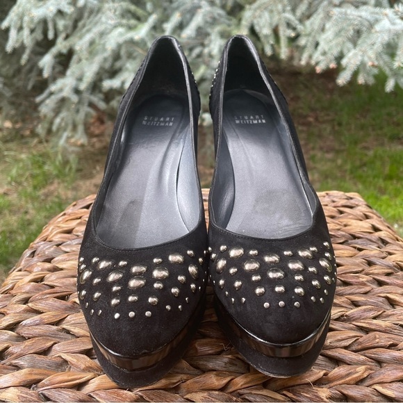 Stuart Weitzman Black Suede & Leather Studded Platform Stiletto Pumps. Size 8.5 - Picture 2 of 8
